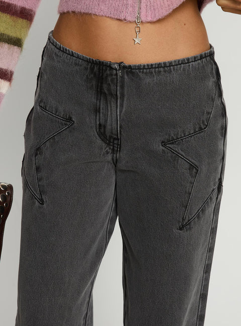 back view of model wearing Princess Polly Dolley Star Stitch Mid Rise Wide Leg Jean Grey Wash Mid Rise Jeans Jeans 