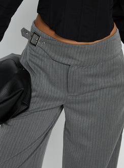 back view of model wearing Princess Polly Jinny Relaxed Buckle Tailored Pants Grey Pinstripe Low Rise Pants Pants 