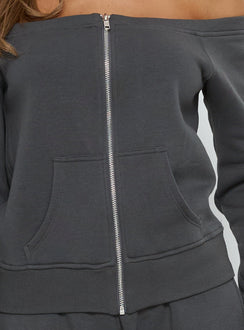 Featuring the Airazo Off Shoulder Zip Through Jumper Grey womens-jumpers with short length and oversized fit detail view of model wearing