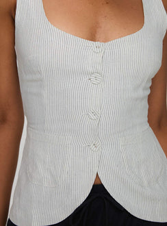back view of model wearing Princess Polly Spirito Vest Top White Thin Stripe Sleeveless Square Neck 