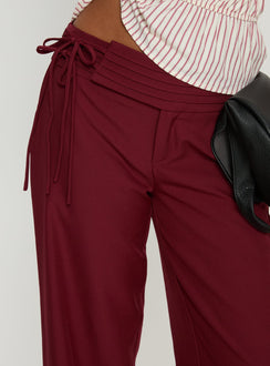 back view of model wearing Princess Polly Good Riddance Pleat Tie Slouch Pants Burgundy Mid Rise Pants Pants 