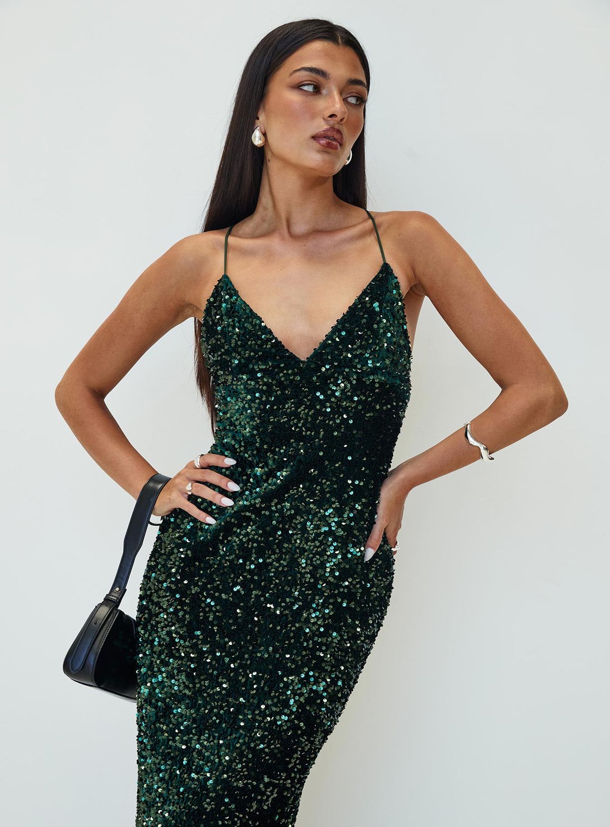 front view of model wearing Princess Polly Charlette Sparkle Maxi Dress Dark Green V-Neck 