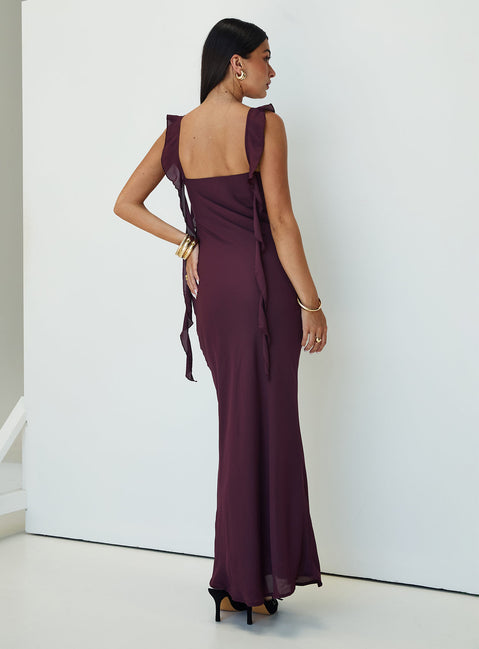 back view of model wearing Princess Polly Lanai Maxi Dress Plum Petite Square Neck 