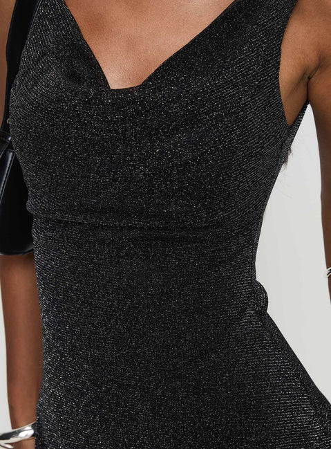 back view of model wearing Princess Polly Romani Mini Dress Black Glitter Cowl Neck 