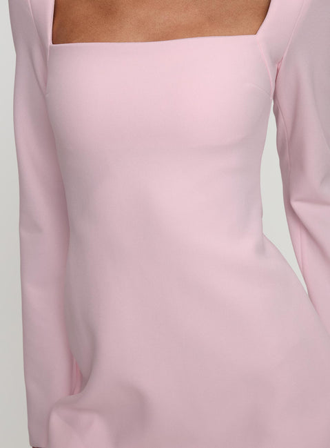 back view of model wearing Princess Polly Bombshell Long Sleeve Mini Dress Pink Square Neck 