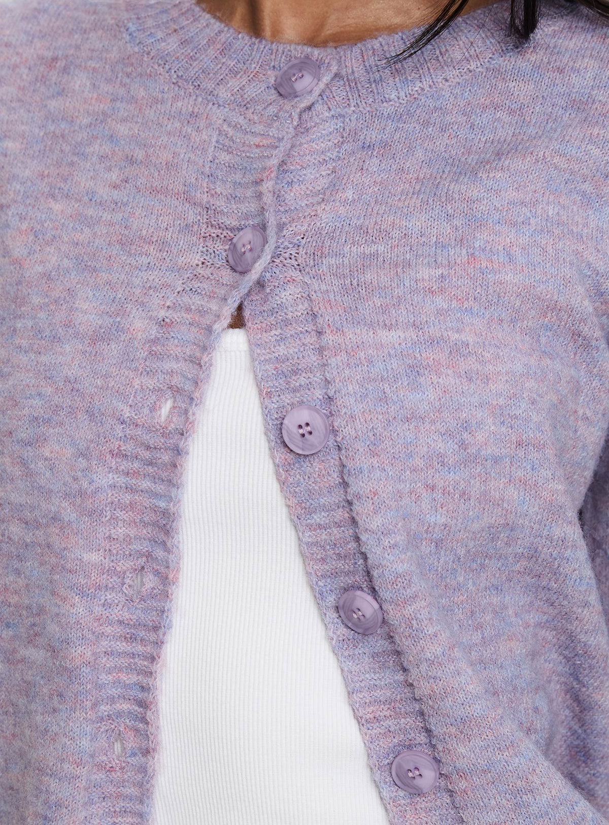 back view of model wearing Princess Polly Denmark Cardigan Lilac Cropped Jumpers Jumpers 
