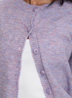 back view of model wearing Princess Polly Denmark Cardigan Lilac Cropped Jumpers Jumpers 