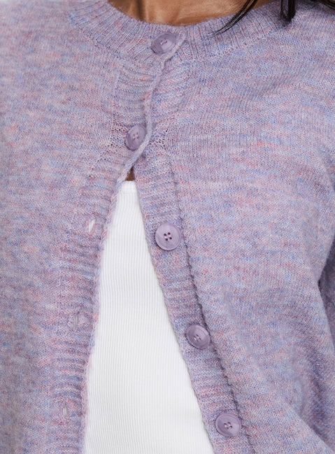 back view of model wearing Princess Polly Denmark Cardigan Lilac Cropped Jumpers Jumpers 