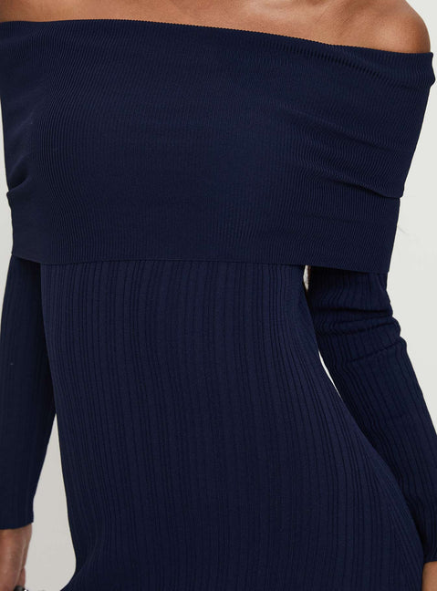 back view of model wearing Princess Polly Flisse Long Sleeve Rib Maxi Dress Navy Straight Neck 