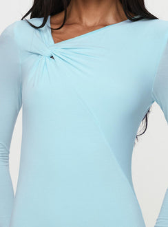 back view of model wearing Princess Polly Glorious Look Twist Detail Bodysuit Blue Long Sleeve Tops Bodysuit 