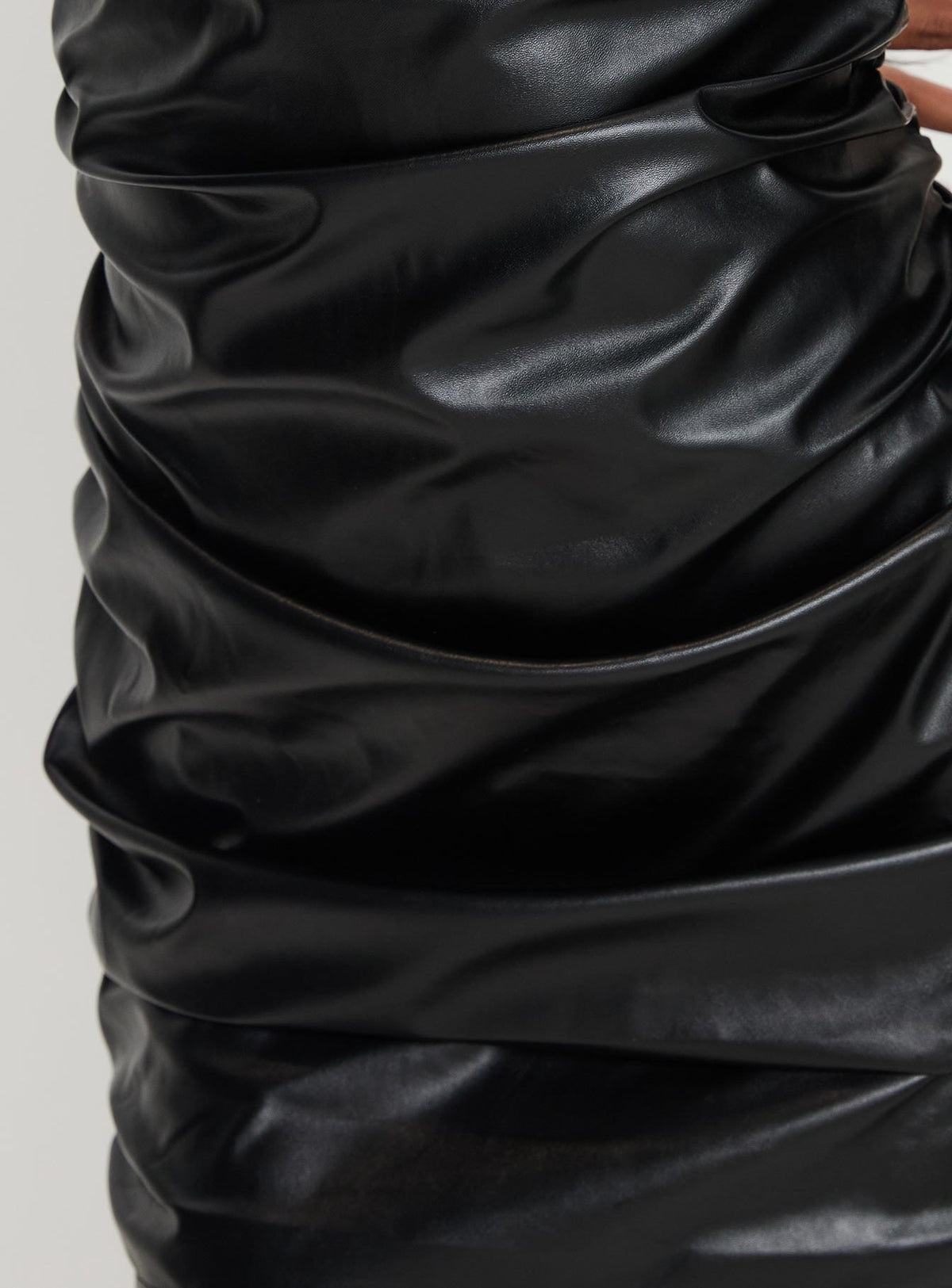 back view of model wearing Princess Polly Fonteiro Faux Leather Mini Dress Black Crew Neck 