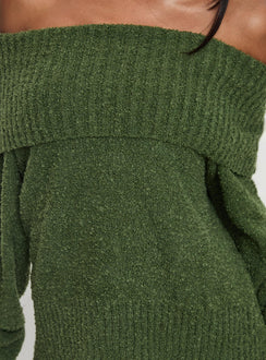 product Princess Polly Parkley Boucle Off The Shoulder Sweater Olive Longline Jumpers Jumpers 