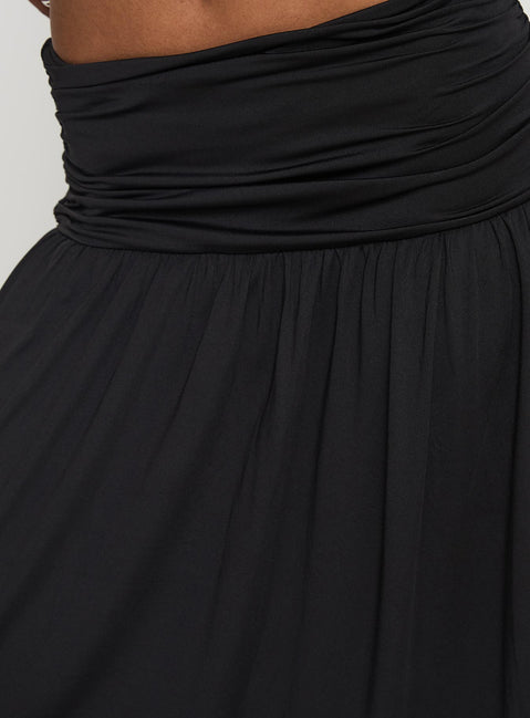 back view of model wearing Princess Polly Gezabele Asymmetrical Maxi Skirt Black Maxi Skirts Skirts 