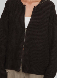 back view of model wearing Princess Polly Lexene Zip Through Jumper Chocolate Longline Jumpers Jumpers 