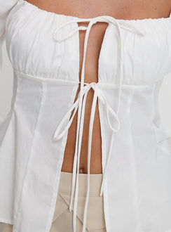 back view of model wearing Princess Polly Lilibette Tie Up Long Sleeve Top White Full Sleeves Square Neck 