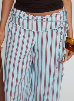back view of model wearing Princess Polly Silver Moon Linen Blend Tie Pants Blue / Maroon Stripe Mid Rise Pants Pants 