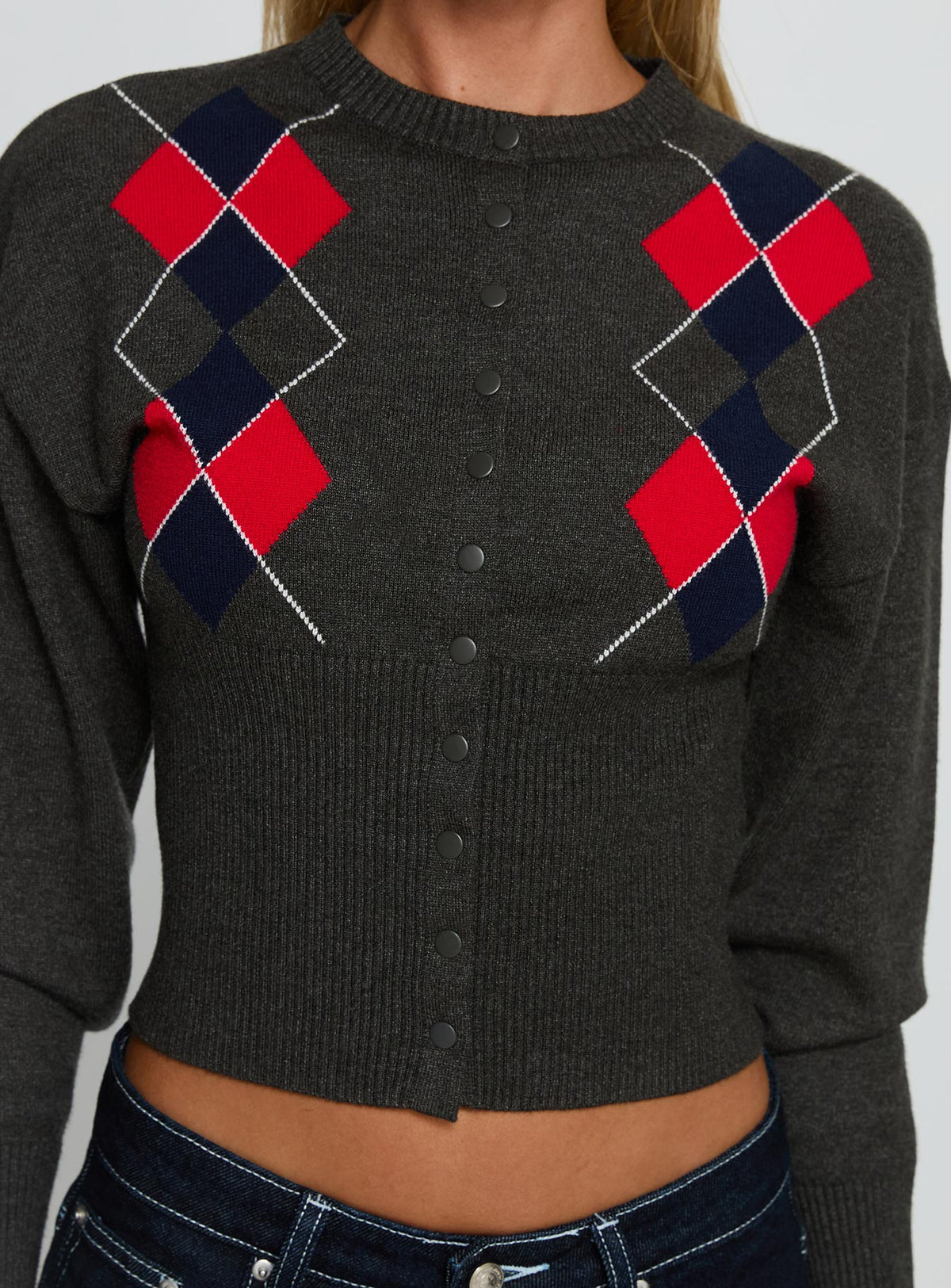 front view of model wearing Princess Polly Head In The Clouds Knit Cardigan Grey Argyle cropped Jumpers 