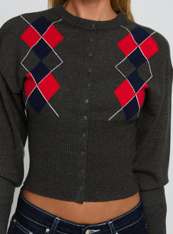 front view of model wearing Princess Polly Head In The Clouds Knit Cardigan Grey Argyle cropped Jumpers 