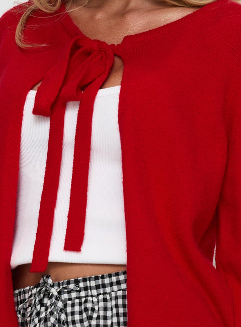 front view of model wearing Princess Polly Norine Tie Up Knit Sweater Red Cropped Jumpers Jumpers 
