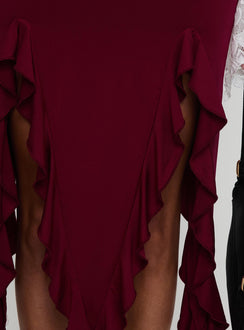 back view of model wearing Princess Polly Peachey Asymmetric Ruffle Midi Skirt Burgundy Midi Skirts Skirts 