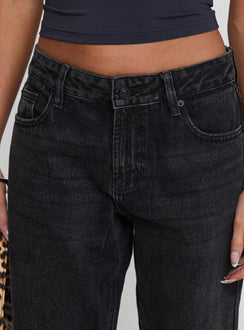 back view of model wearing Princess Polly Serenitia Mid Rise Straight Leg Jeans Washed Black Tall Mid Rise Jeans Jeans 