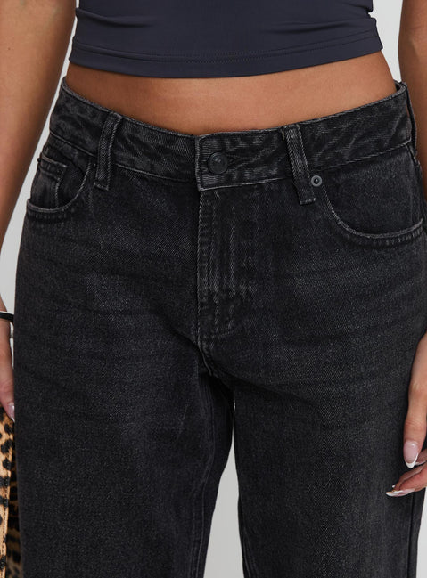 back view of model wearing Princess Polly Serenitia Mid Rise Straight Leg Jeans Washed Black Tall Mid Rise Jeans Jeans 