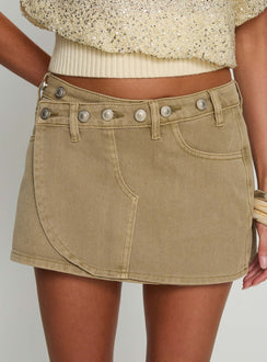 back view of model wearing Princess Polly Katlynne Button Detail Mini Skirt Washed Beige Mini Skirts Skirts 