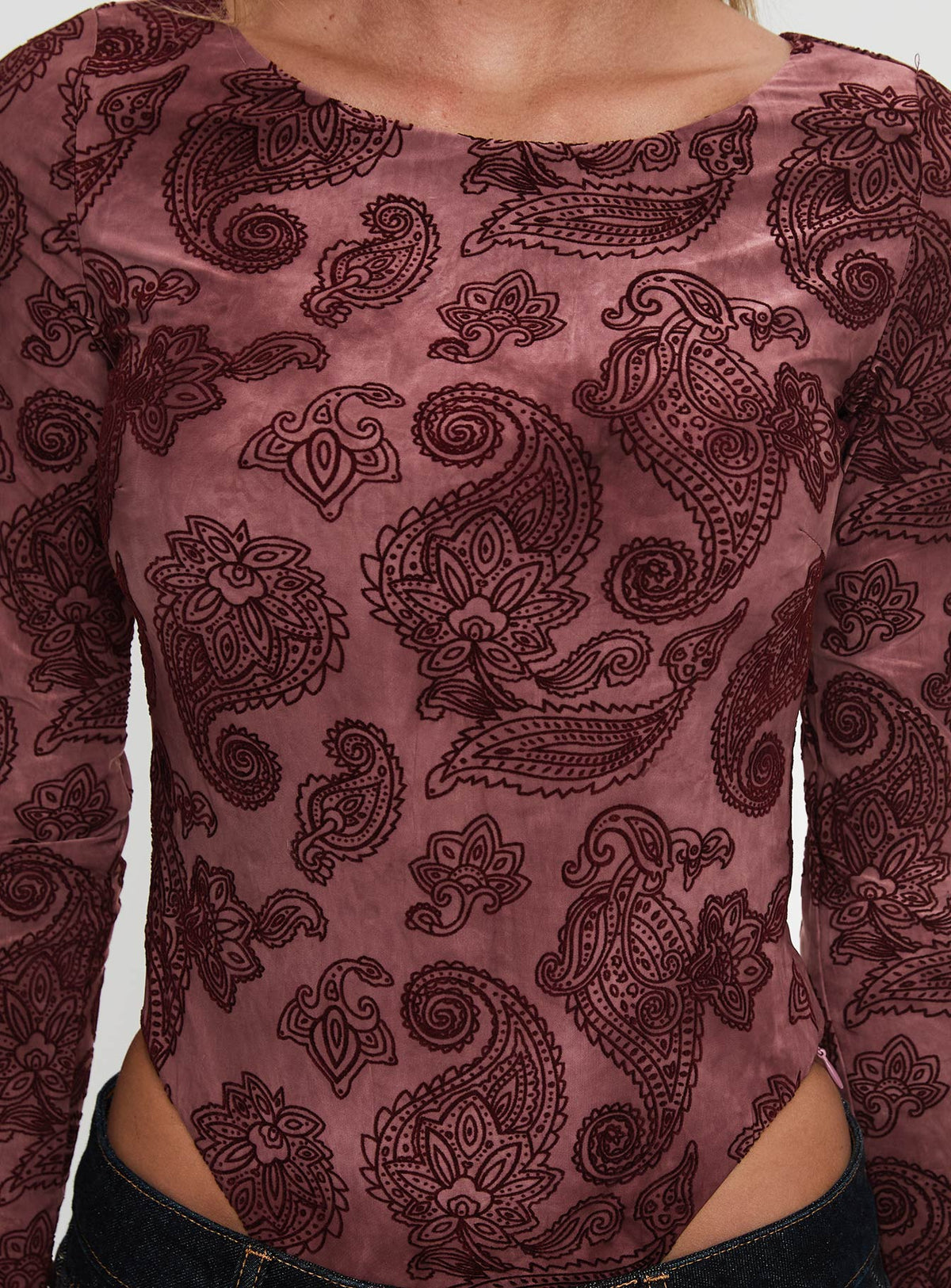 front view of model wearing Princess Polly Spruce Bodysuit Red Paisley Long Sleeve Tops Bodysuit 