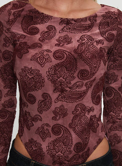 front view of model wearing Princess Polly Spruce Bodysuit Red Paisley Long Sleeve Tops Bodysuit 