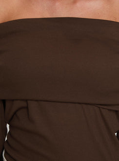 product Princess Polly Spoilt Off The Shoulder Bodysuit Brown Long Sleeve Tops Bodysuit 