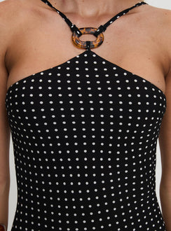 back view of model wearing Princess Polly Evyn Halter Maxi Dress Polka Dot Asymmetric Neckline 