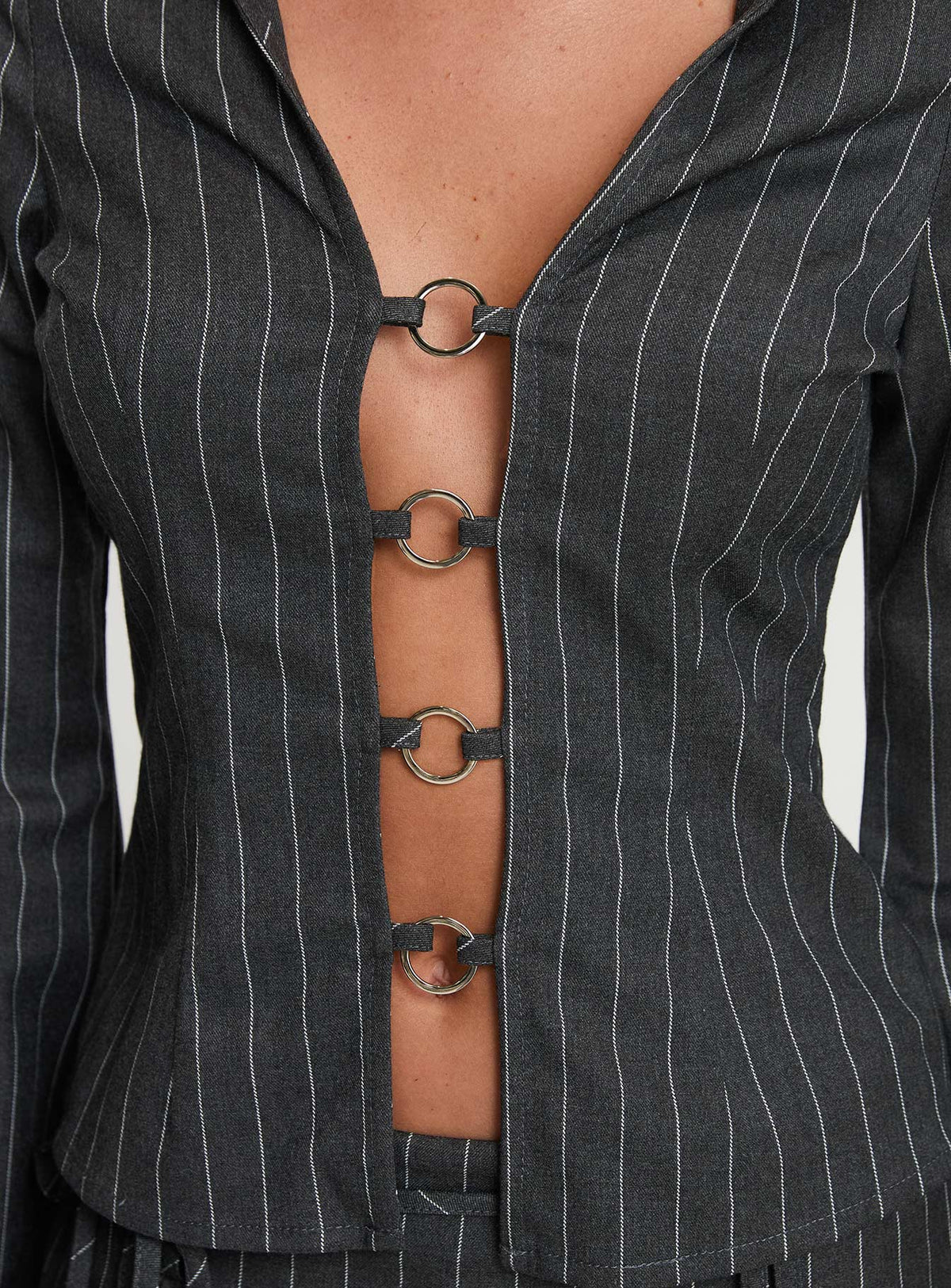 back view of model wearing Princess Polly Saraya Long Sleeve Ring Top Grey Pinstripe Full Sleeves Plunger 