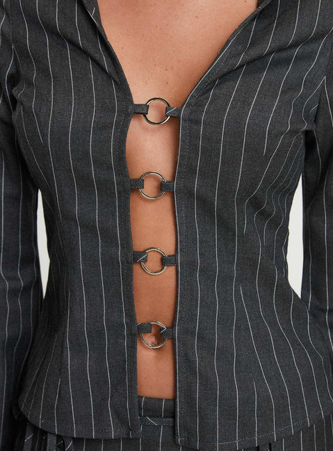 back view of model wearing Princess Polly Saraya Long Sleeve Ring Top Grey Pinstripe Full Sleeves Plunger 