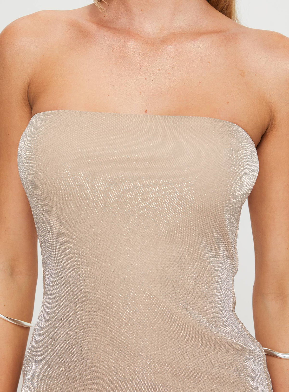back view of model wearing Princess Polly Samper Strapless Maxi Dress Champagne Straight Neck 
