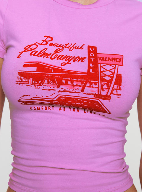 back view of model wearing Princess Polly Palm Canyon Tee Pink Short Sleeves Crew Neck 