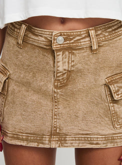 back view of model wearing Princess Polly Velveta Low Rise Denim Skirt Camel Mini Skirts Skirts 
