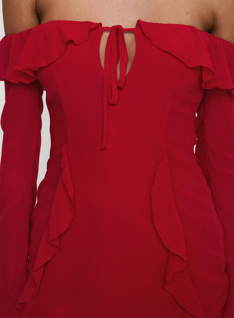 back view of model wearing Princess Polly Mollins Long Sleeve Mini Dress Red Straight Neck 
