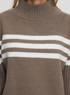 side view of model wearing Princess Polly Bessemer Funnel Neck Knit Sweater Mocha Stripe Longline Jumpers Jumpers 