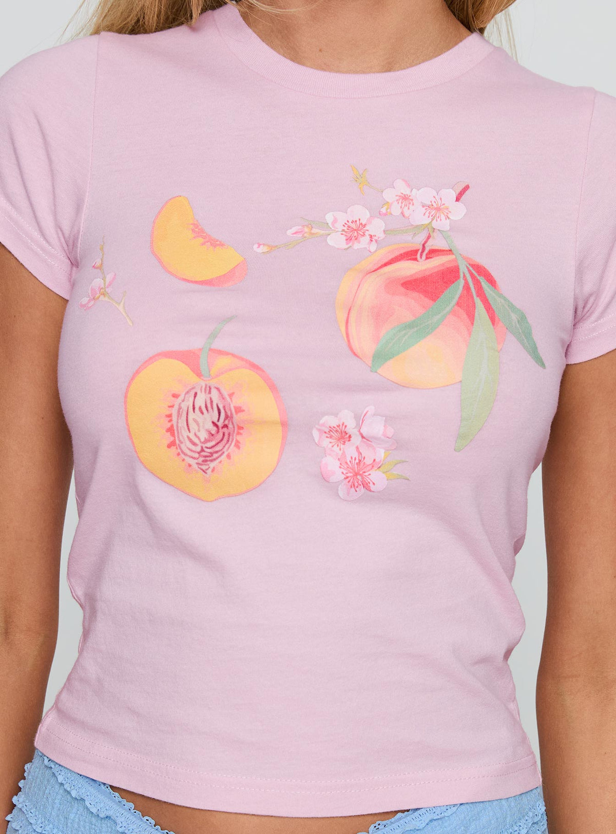 back view of model wearing Princess Polly Darlin' Peach Graphic Top Pink Short Sleeves Crew Neck 