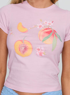 back view of model wearing Princess Polly Darlin' Peach Graphic Top Pink Short Sleeves Crew Neck 