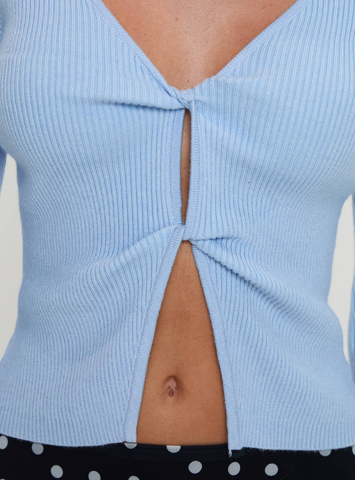 back view of model wearing Princess Polly Ophira Twist Detail Long Sleeve Top Blue Full Sleeves V-Neck 