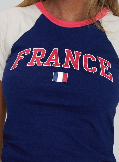 back view of model wearing Princess Polly France Fantasy Top Navy Short Sleeves Crew Neck 