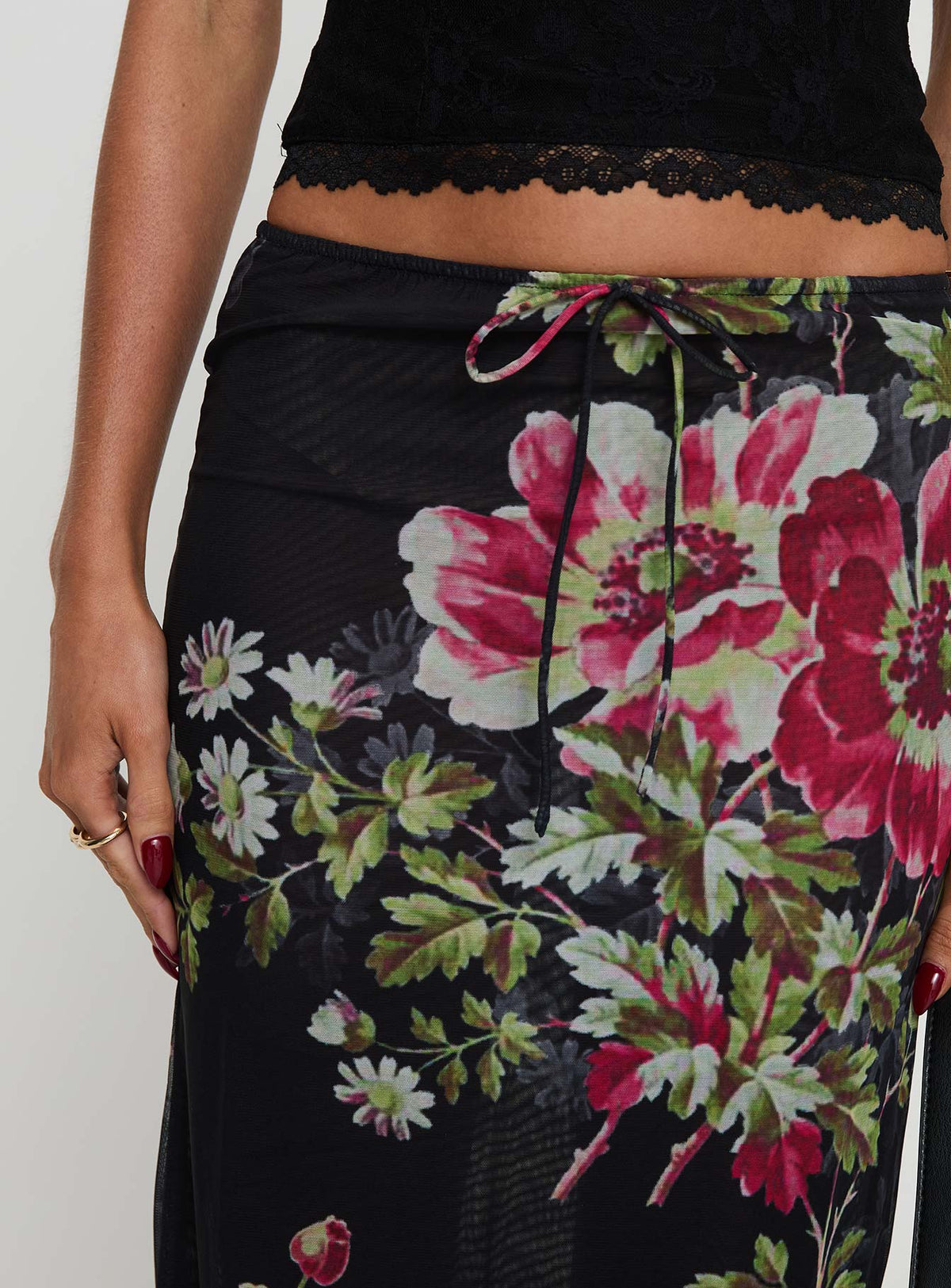 back view of model wearing Princess Polly Paganio Maxi Skirt Black Floral Maxi Skirts Skirts 