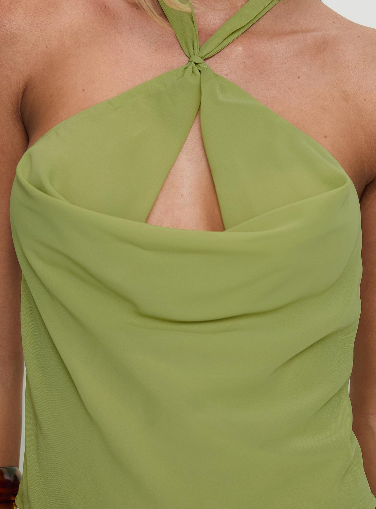 back view of model wearing Princess Polly Eleganza Top Green Sleeveless Cowl 