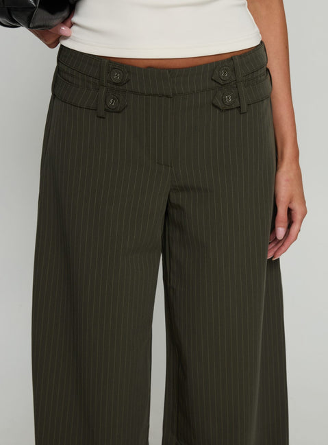 front view of model wearing Princess Polly Jette Tailored Buckle Pant Green Pinstripe High Rise Pants Pants 