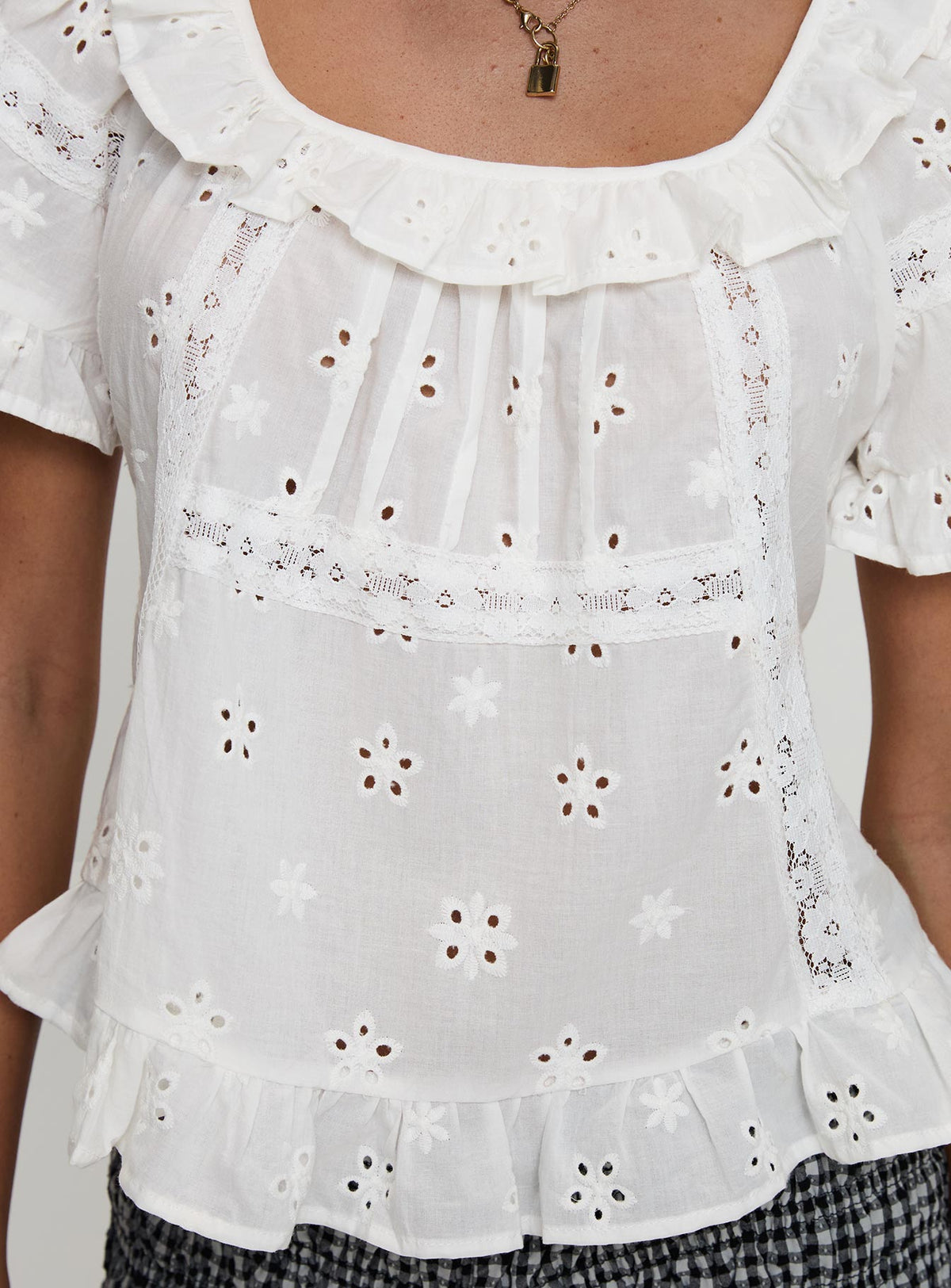 back view of model wearing Princess Polly Teigen Broiderie Top White Short Sleeves Square Neck 