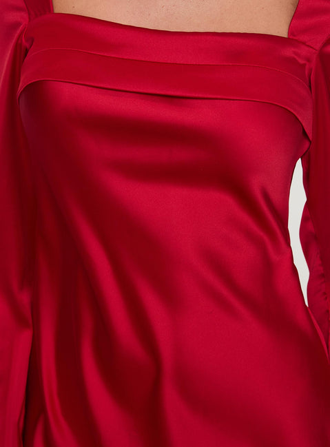 back view of model wearing Princess Polly Phillipa Long Sleeve Mini Dress Red Square Neck 
