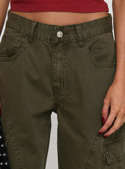back view of model wearing Princess Polly Ahstin Mid Rise Straight Leg Cargo Jeans Green Petite Mid Rise Jeans Jeans 