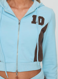 back view of model wearing Princess Polly Notable Double Zipper Jumper Blue cropped Jumpers 