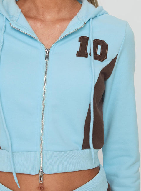 back view of model wearing Princess Polly Notable Double Zipper Jumper Blue cropped Jumpers 